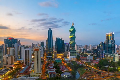 Panama City Skyline The colorful urban skyline of Panama city with a view over the financial district at sunset, Panama, Central America.
